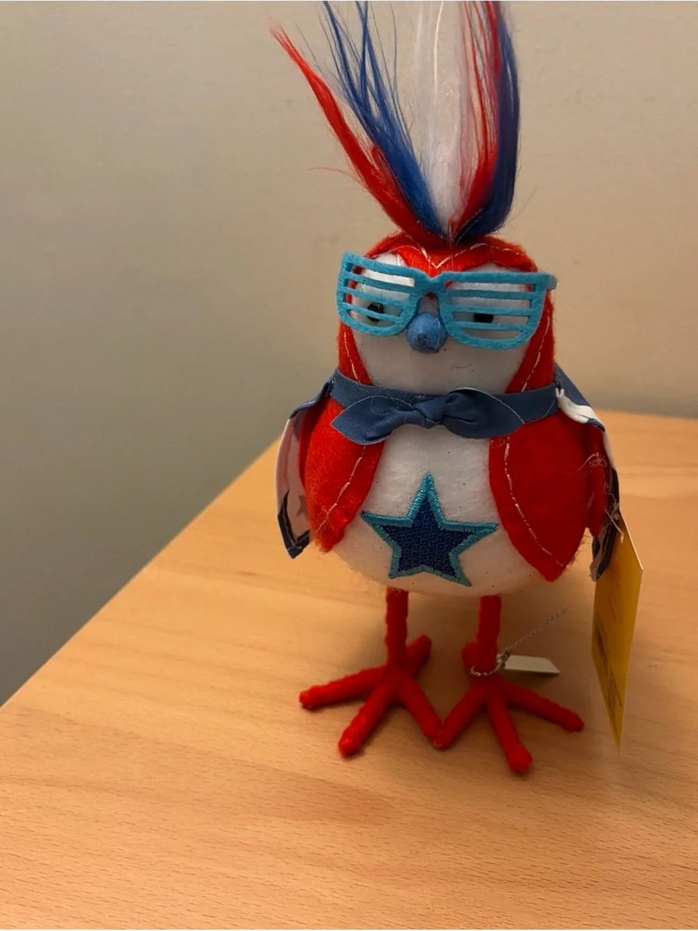 Red & Blue Decorative Plush Bird Ornament with Star Accent